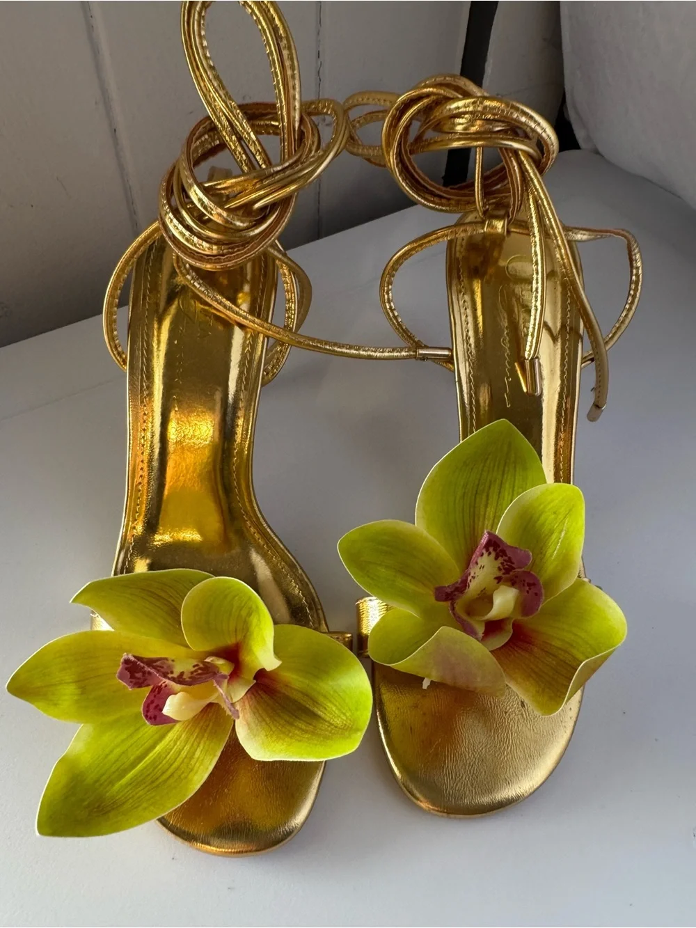 Miss Lola Gold with Green Floral Embellished High Heel Sandals